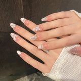 Handmade Press On Nails With Flash Diamond Butterfly Decor 10pcs French Pink Cat's Eye Fake Glitter Nails Almond Ballet Nail Art