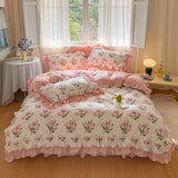 Romantic Flowers Prints Bedding Set Korean Style 100% Cotton Lace Princess Wedding Duvet Cover Bed Skirt Bedspread Pillowcases