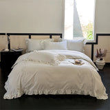 Flowers Embroidery Ruffles Purple Luxury Bedding Set 1000TC Egyptian Cotton Duvet Cover Flat/Fitted Bed Sheet Pillowcases 4Pcs