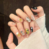 10pcs Handmade False Nails Art Wearable Cartoon Cute Cat Pattern Short Square Press on Nails Tips Bow Design Black Fake Nail Set