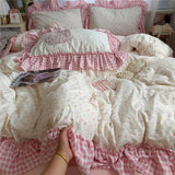 Korean Princess Style Floral Ruffles Bedding Set Washed Cotton Duvet Cover Bed Sheet Pillowcases Single Full Queen Size 3/4Pcs