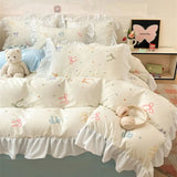 French Princess Lace Ruffles Bedding Set Washed Cotton Skin-friendly Duvet Cover Set with Sheet Soft Printed Flowers Quilt Cover