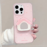 Korean Stars Cute Makeup Mirror Pink House Holder Soft Phone Case For iPhone 16 15 14 13 12 Pro Max Shockproof Bumper Back Cover