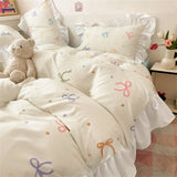 French Princess Lace Ruffles Bedding Set Washed Cotton Skin-friendly Duvet Cover Set with Sheet Soft Printed Flowers Quilt Cover