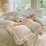 Korean Princess Style Floral Prints Ruffles Bedding Set Double Layer Yarn 100% Cotton Duvet Cover Pillowcases Bed Sheet 4Pcs