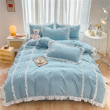 Korean Princess Style Bowknot Bedding Sets Lace Duvet Cover Fitted Sheet For Girl Woman Bedroom Decor Bed Linens Home Textiles