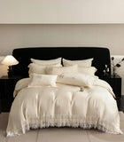 Flowers Embroidery Romantic Lace Edge Bedding Set 800TC Lyocell Silky Cooling Duvet Cover Flat/Fitted Bed Sheet Pillowcases 4Pcs