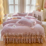 4/6Pcs Milk Velvet Flower Lace Ruffles Luxury Bedding Set King Queen Size Duvet Cover Quilted Bed Skirt Bedspread Pillowcases