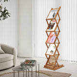 5-Tier Bamboo Magazine Rack Foldable, Portable Lightweight Floor Standing Display Holder for Office Bookstore, Storage Organizer