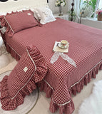 100% Cotton yarn-dyed Plaid Washed Cotton Ruffles Korean Princess Bedding Set Duvet Cover Quilted Bedspread Pillowcases 4Pcs