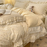 Korean Princess Style Flowers Lace Ruffles 100% Cotton Bedding Set Duvet Cover Bed Sheet/Fitted Sheet/Bed Skirt Pillowcases 4Pcs