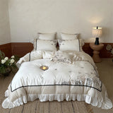600TC Egyptian Cotton Bedding Set French Vintage Rose Butterfly Embroidery Lace Ruffle Duvet Cover Set Bed Sheet Pillowcase 4Pcs