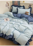 Princess Style Bedding Set Soft Solid Color Ruffle Duvet Cover Set Comforter Pillowcase Bed Sheet Washed Cotton Four Pieces Set