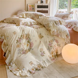 Flower Skin-friendly Bedding Set Class A Washed Cotton Duvet Cover Set Lace Ruffles Quilt Cover Soft Cover Bed Linen Pillowcases