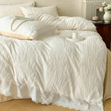 Tulip Flowers Lace Ruffles Princess Style Bedding Set Velvet Warm Winter Duvet Cover Flat/Fitted Bed Sheet Pillowcases 4Pcs