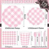 Cute Pink Checkered Party Supplies Napkin Food Grade Tableware Set DIY Thicken Disposable Tableware for 25 Guests