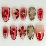 24pcs Manicure Long Almond False Nails Simple Cherry Color Fake Nials French Detachable Nail Tips Women