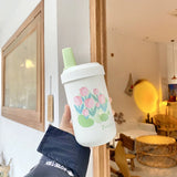 Cute Tulip Thermos Bottle Coffee Tumber Kawaii Bubble Milk Tea Water Bottle With Straw Stainless Steel Boba Vacuum Thermal Cup