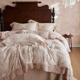 4Pcs Vintage French Flower Prints Lace Ruffles 100% Cotton Double Yarn Bedding Set Duvet Cover Flat/Fitted Bed Sheet Pillowcases