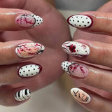 French Almond False Nails Retro Flowers Wearable Hand Drawn Press on Nails for Woman Datachable Full Cover False Nails Tips