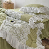 French Romantic 100% Cotton Washed Cotton Bedding Set White Flowers Lace Ruffles Duvet Cover Bed Skirt Pillowcases 4Pcs