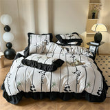 Washed Cotton Bedding Sets With Lace Black Printed Four Piece Set Bedroom Decor Duvet Cover Pillowcase Bedspread Bed Cover Sets