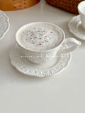 French Relief Coffee Cup Dish Set Exquisite Household Ceramic Drinking Cups With Handle White Round Plates 2Pcs Drinkware Suit