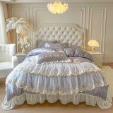 4/6Pcs Pink Butterfly Jacquard Three-layer Lace Ruffles Princess Wedding Bedding Set Duvet Cover Bed Skirt Bedspread Pillowcases