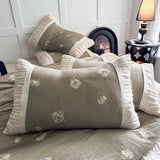 Flowers Prints Pleated Ruffles Princess Bedding Set 100% Cotton Double Layer Yarn Duvet Cover Quilted Bedspread Pillowcases 4Pcs