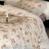 Vintage French Floral Lace Ruffles Pure Cotton Double Yarn Soft Princess Bedding Set Duvet Cover Bed Sheet Set Pillowcases 4Pcs