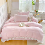 Korean Princess Style Duvet Cover Set No Filling Pink Blue Soft Washed Cotton Girls Favorite Ruffles Bed Linen Pillowcases