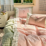 Korean Princess Style Double Layer Lace Flower Embroidery 100% Cotton Bedding Set Plaid Style Duvet Covers Bed Sheet Pillowcases