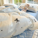 New Pure Cotton Bedding Set with Fitted Sheet Duvet Cover Pillowcase Simple Printed Grid Comfortable Bedclothes Single Double