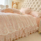 4/6Pcs Pink Princess Wedding Lace Embroidery Korean Style Bedding Set King Queen Size Duvet Cover Bed Skirt Bedspread Pillowcase