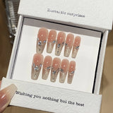 Sweet Handmade Press on Nails Long Coffin Heart Rhinestone Leopard Print Pink French Fake Nail Wearable Full Cover Nail Tips
