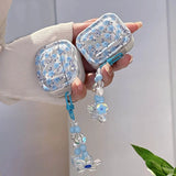 Luxury Bling Blue Floral Fresh Flower Case For AirPods 1 2 3 Case For Airpods 4 Pro Bluetooth Earphone Cover with Beads Keychain