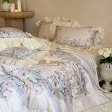 1000TC Egyptian Cotton French Ruffles Rose Print Bedding Set Duvet Cover, Bed Sheet, Pillowcases, With Elastic Band Bed Sheet