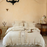 Vintage Double Layer Bow Princess Bedding Set 20% Linen And 80% Cotton Duvet Cover Set Flat/Fitted Bed Sheet Pillowcases 4Pcs