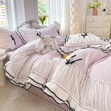 3/4Pcs Bedding Set Princess-Style Purple Bow Double-Layer Ruffles Duvet Cover Pillowcase Full-Size Queen Bed Sheet Set For Home