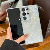 Luxury Glitter Rhinestone Camera Border Laser Love Heart Shell Pattern Phone Case For Samsung Galaxy S25 S24 FE Ultra Plus Cover
