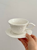 French Relief Coffee Cup Dish Set Exquisite Household Ceramic Drinking Cups With Handle White Round Plates 2Pcs Drinkware Suit