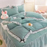 Checkered Bedding Set Bed Skirt Ruffle Lace Princess Style Girls Duvet Cover Simple Solid Color Home Textiles Decor Bedroom