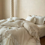 20% Linen And 80% Cotton Vintage French Lace Edge Embroidery Bedding Set Duvet Cover Set Bed Sheet/Fitted Sheet Pillowcases 4Pcs