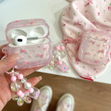 Cute Pink Flower Pattern Headphones Case For Airpods 4 Pro 2nd 3rd Generation Soft Cover For AirPods 1 2 3 With Pearl Keychain