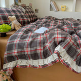 INS Girls Retro Red Grid Bedding Sets New Ruffles Lace Bed Sheet Sets Plaid Queen Size Duvet Cover Sets With Pillowcases