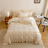 Egyptian Cotton Butterfly Embroidery Ruffles Princess Bedding Set Duvet Cover Flat/Fitted Bed Sheet Pillowcases 4Pcs