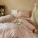 4Pcs Pink Rose Flowers Embroidery Ruffles 1000TC Egyptian Cotton Bedding Set Duvet Cover Set Bed Sheet/Fitted Sheet Pillowcases
