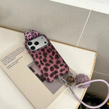 Cute 3D Leopard Bow Case with Hairball Bell Pendant Leather Chain for iPhone 17 16 15 14 Pro Max Shockproof Protective Cover