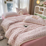 INS Girls Cherry Soft Bedding Set Washed Cotton Bed Sheet Queen King Size Duvet Set Flower Comforter Set Pillowcase Bed Linens