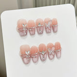 Handmade Press On Nails With Flash Diamond Butterfly Decor 10pcs French Pink Cat's Eye Fake Glitter Nails Almond Ballet Nail Art